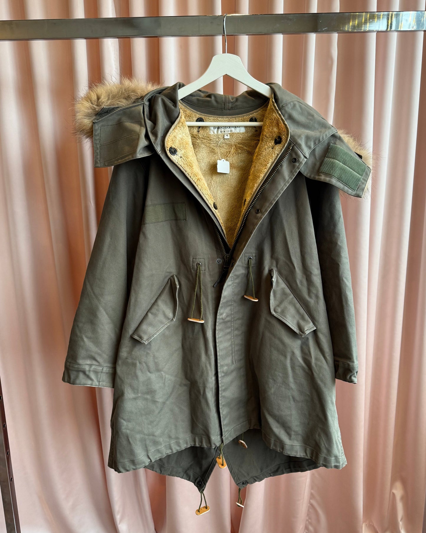 United Bamboo Khaki Fox Fur Hood Lined Fishtail Parka Jacket