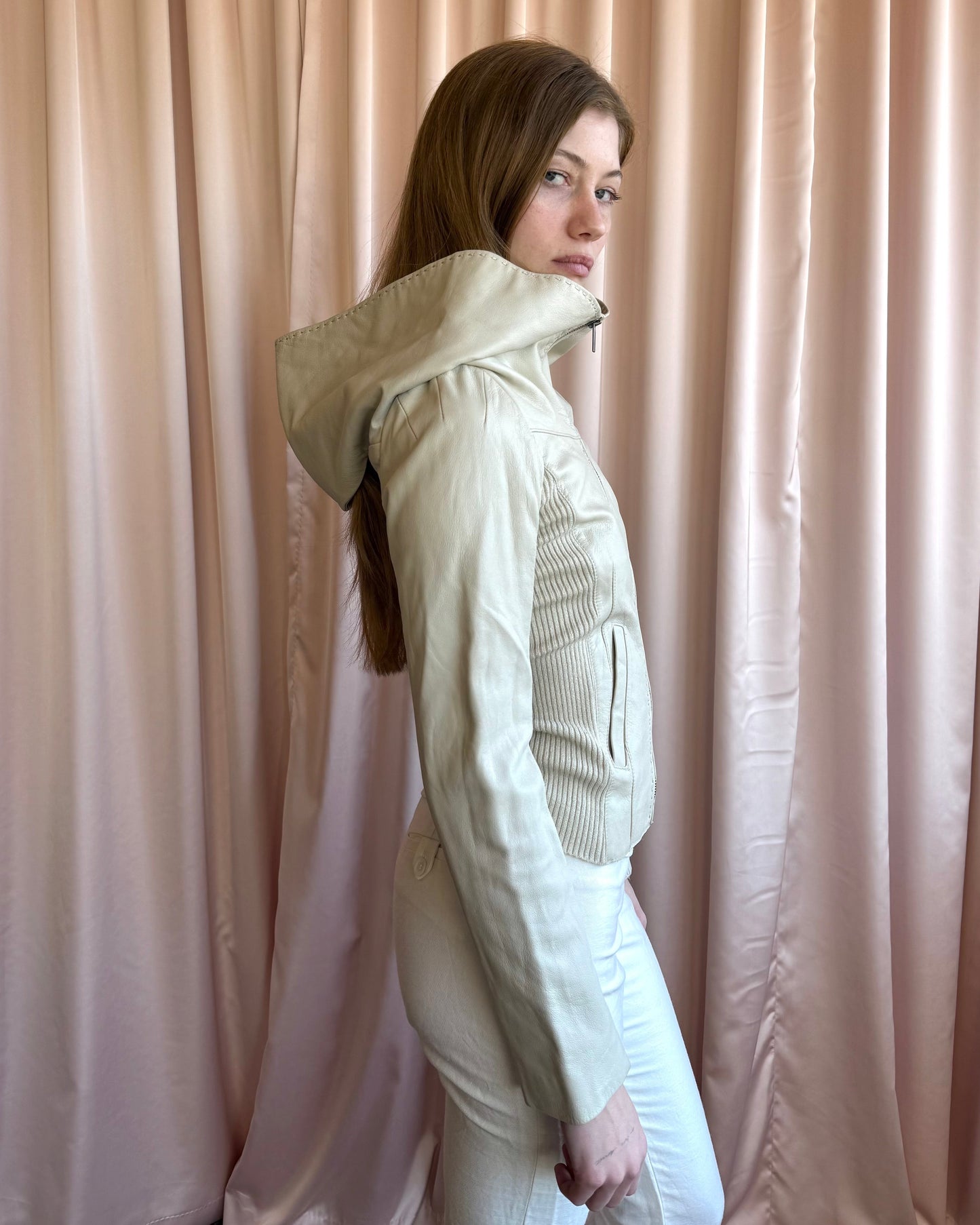 Cream Leather Wide Neck Rib Knit Zip Up Sweater