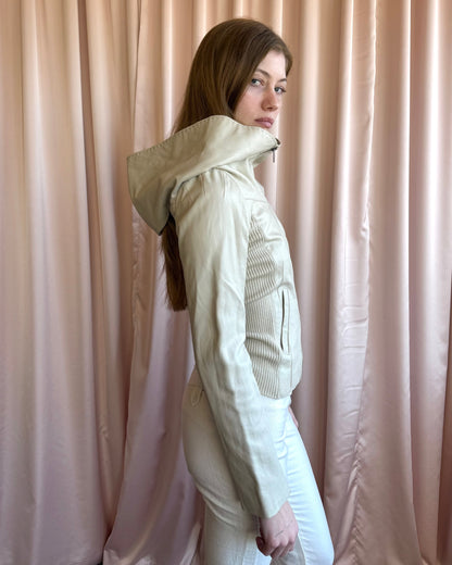 Cream Leather Wide Neck Rib Knit Zip Up Sweater