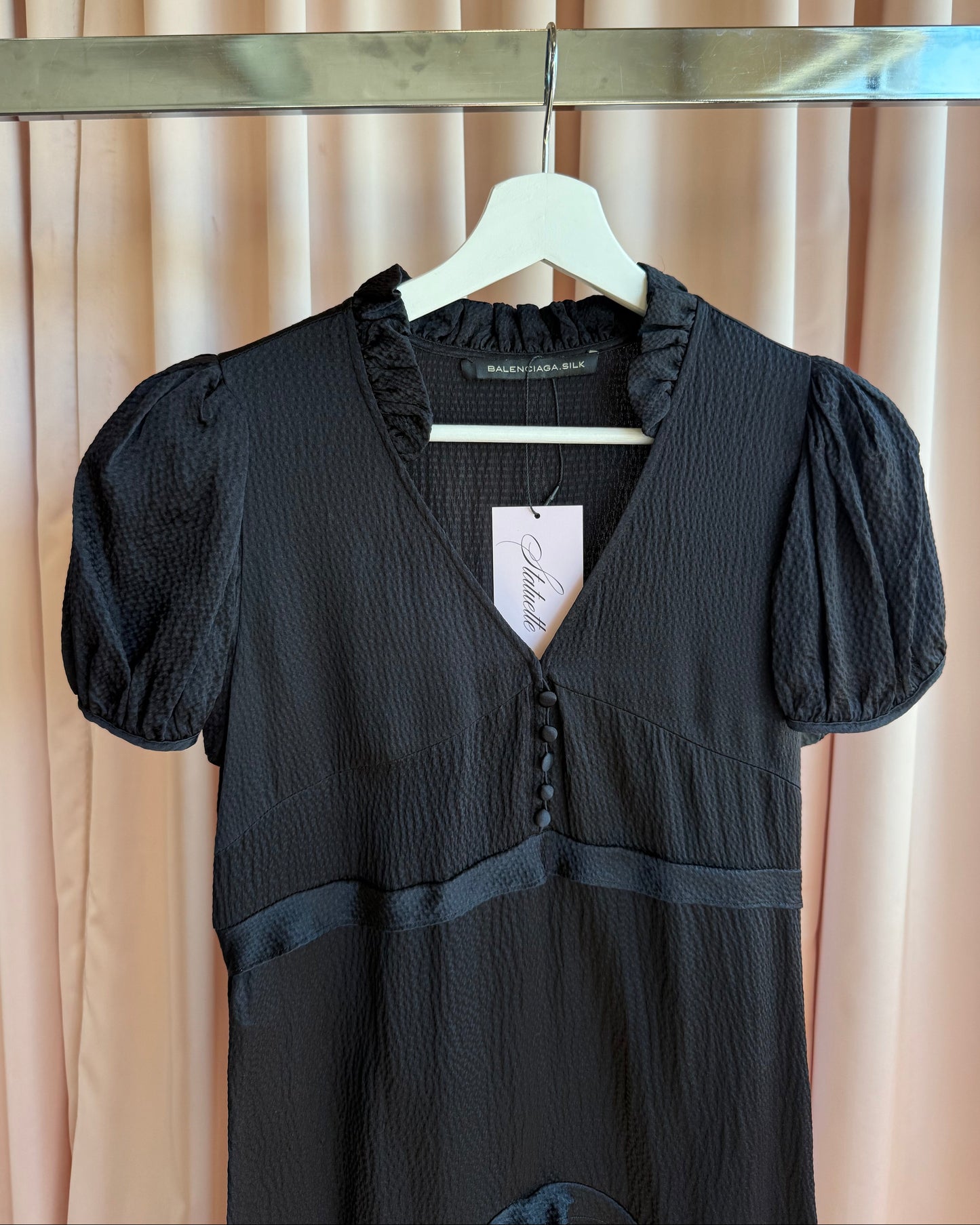 Balenciaga 2007 by Nicolas Ghesquière Black 100% Silk Puff Sleeve Dress