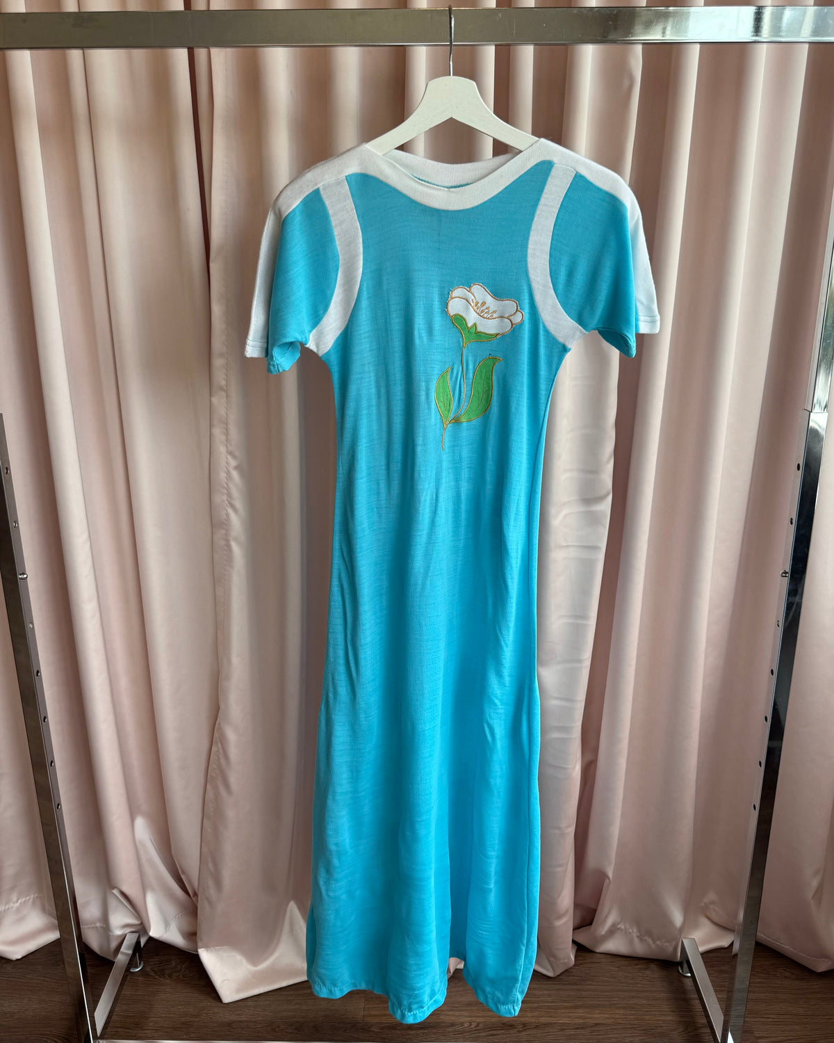 Monte Caldo 1970's Floral Embroidered Aqua Blue Maxi Dress