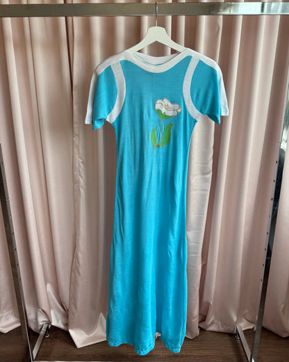 Monte Caldo 1970's Floral Embroidered Aqua Blue Maxi Dress