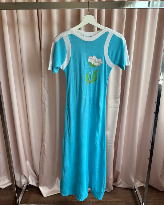 Monte Caldo 1970's Floral Embroidered Aqua Blue Maxi Dress
