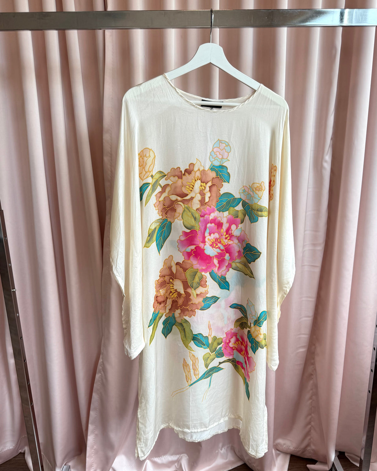 Hand Painted Floral Design 100% Silk Kaftan Dress