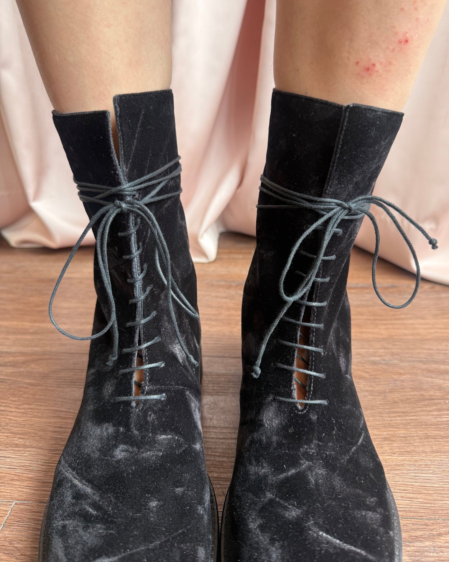 Ann Demeulemeester Black Velvet Laced Combat Boots