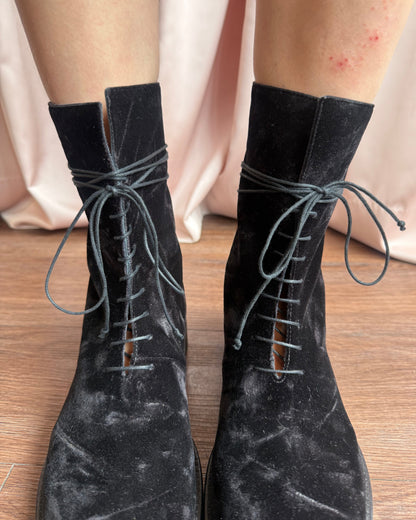Ann Demeulemeester Black Velvet Laced Combat Boots