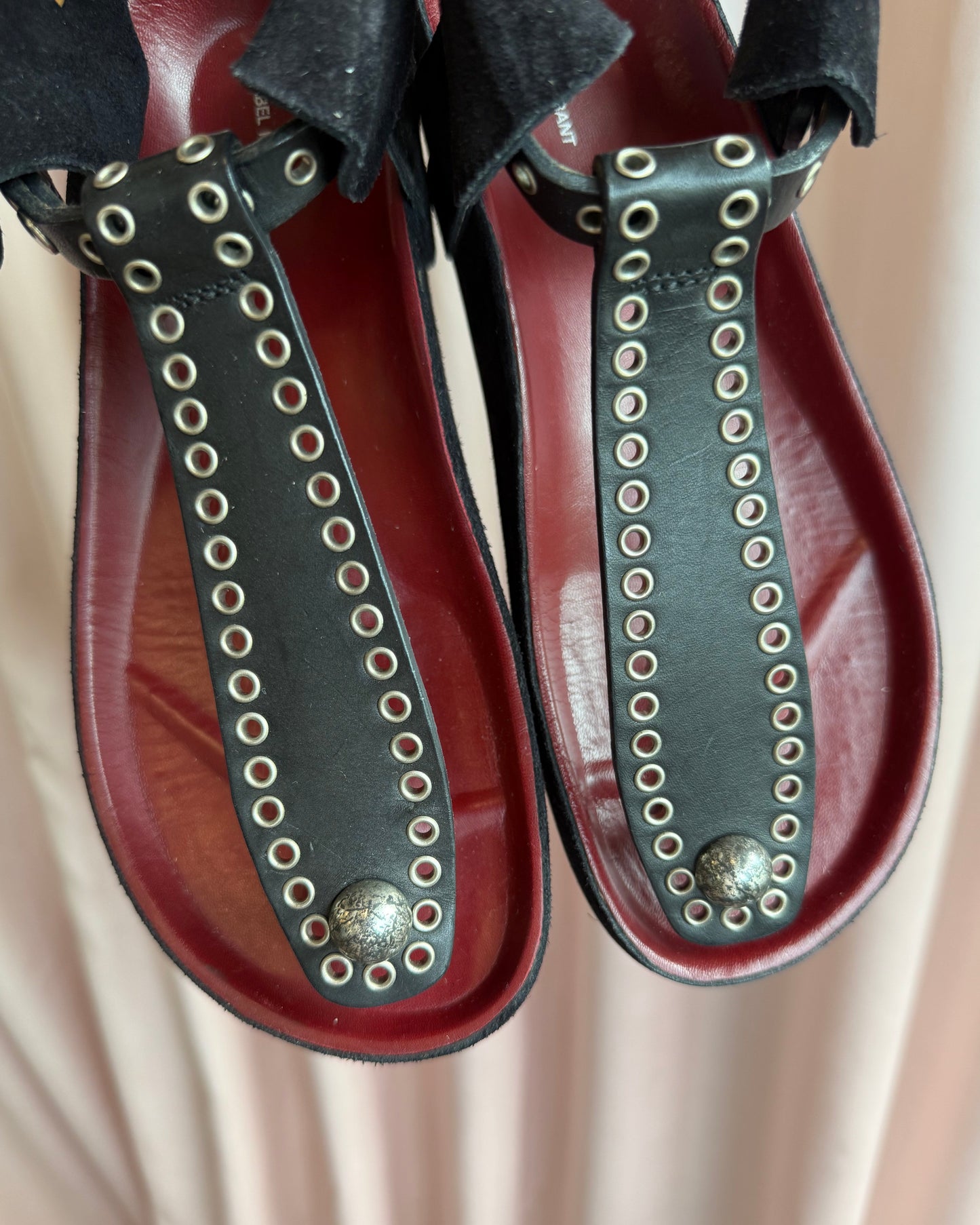 Isabel Marant Black Leather & Suede Grommet Thong Sandals