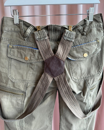 Japanese Brand Khaki Suspender Low Rise Wide Leg Cargo Pants