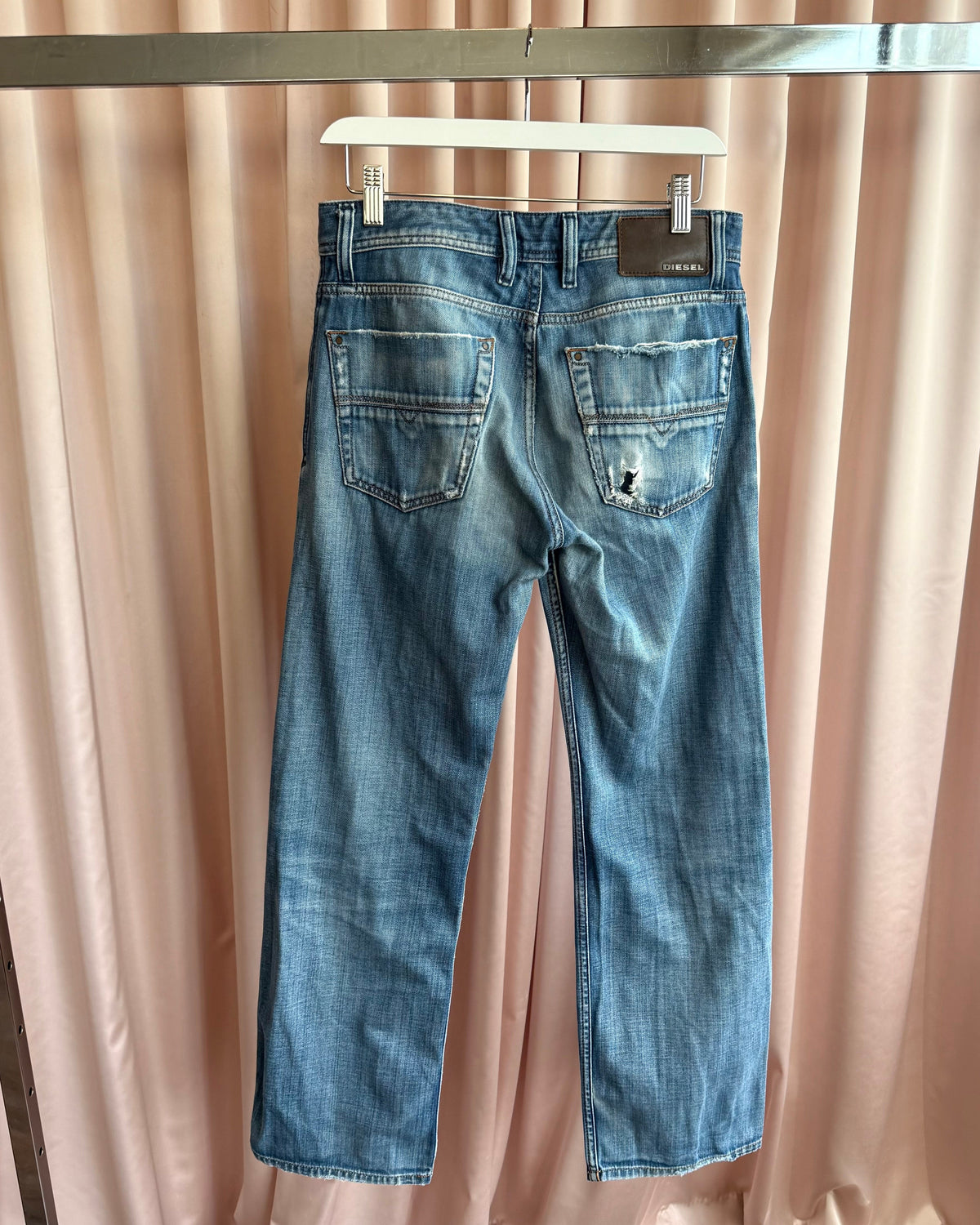 Diesel "Kurren" Faded Distressed Light Wash Straight Leg Denim