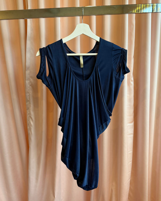 Balenciaga 2004 by Nicolas Ghesquière Blue Shoulder Cut Out Asymmetrical Draped Top