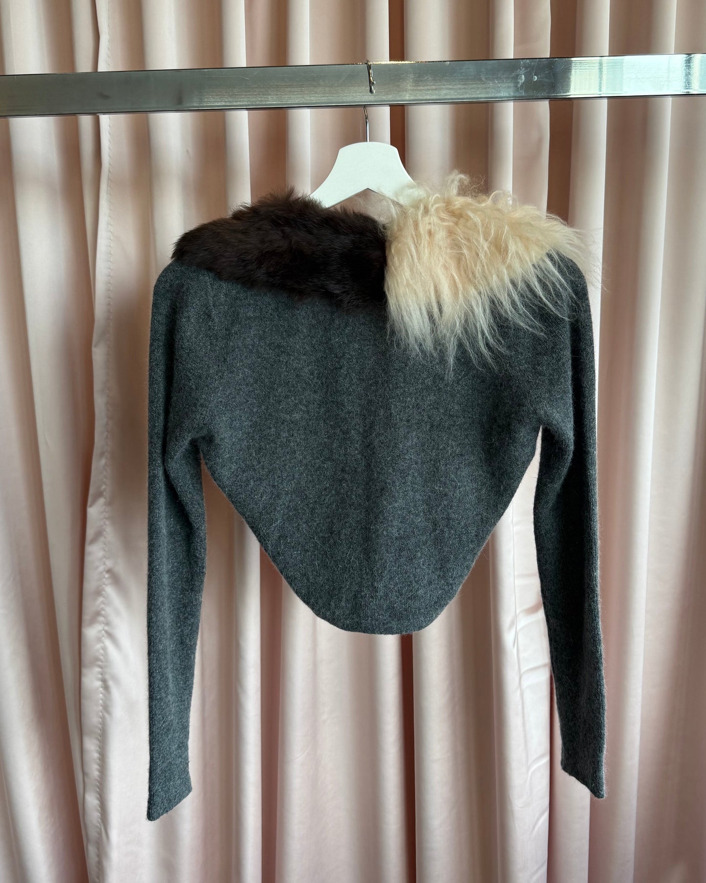 Japanese Brand Beaded Rabbit & Lamb Fur Collar Knit Shrug