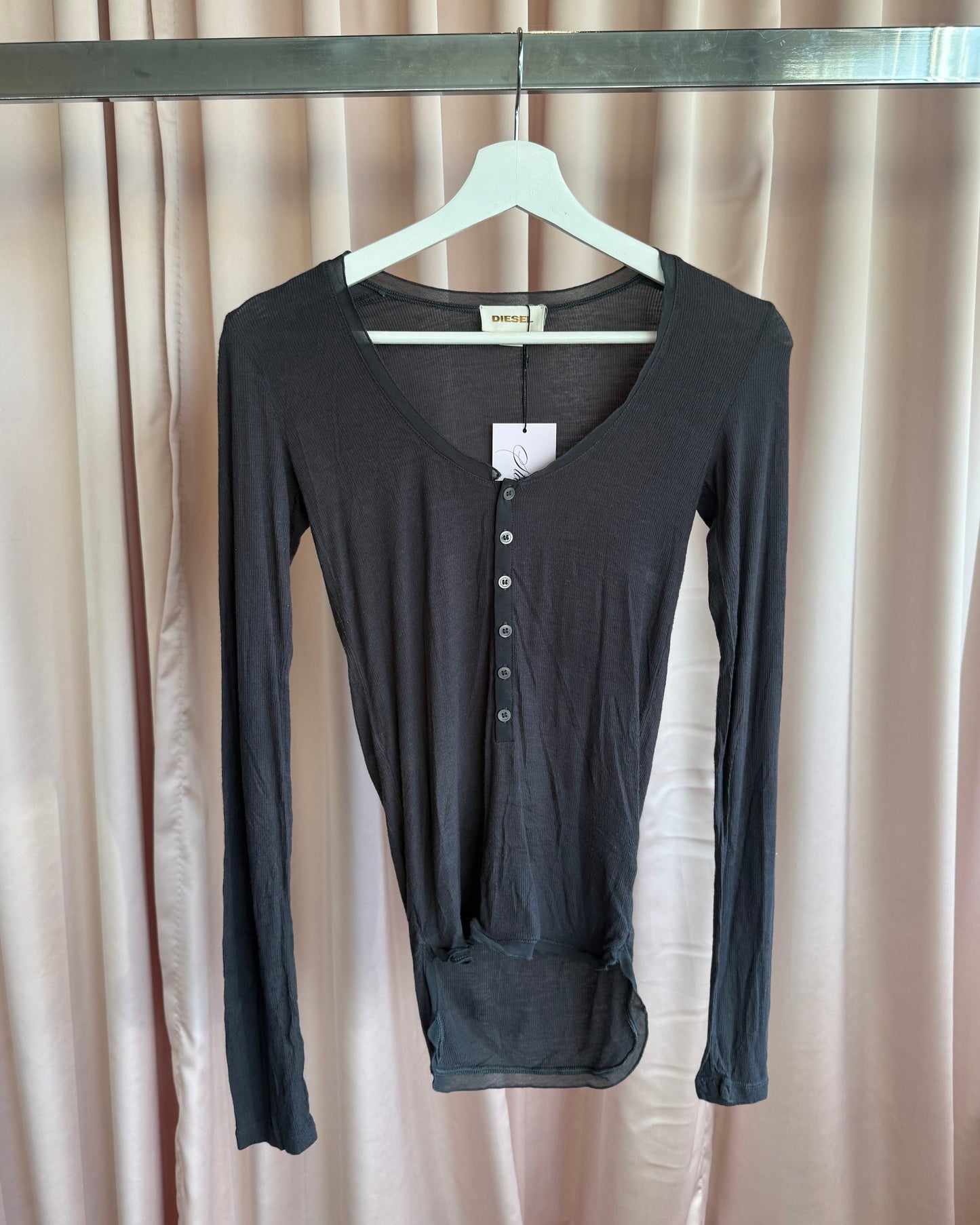 Diesel Dark Grey Ribbed Henley Long Sleeve Top