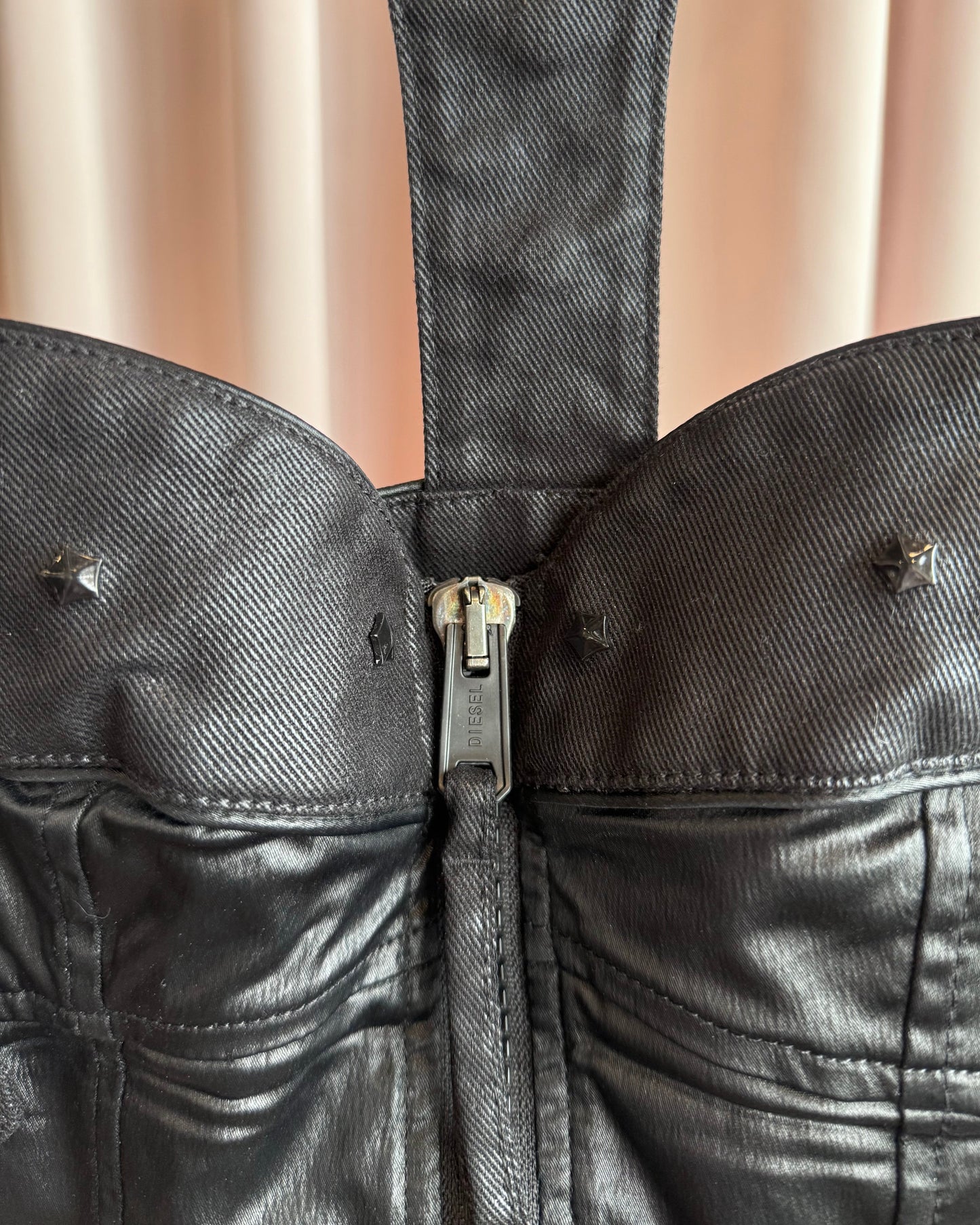 Diesel Studded Coated Black Denim Bustier Zipper Dress