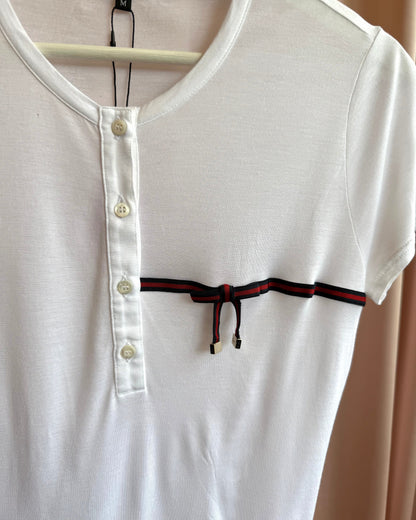 Gucci 2006 Stripe Logo Bow White Modal Henley Short Sleeve T-Shirt