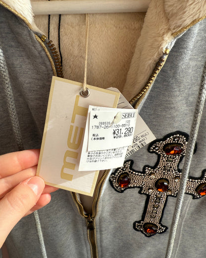 Italian Brand Deadstock Bejewelled Cross Faux Fur Lined Zip Up Hoodie