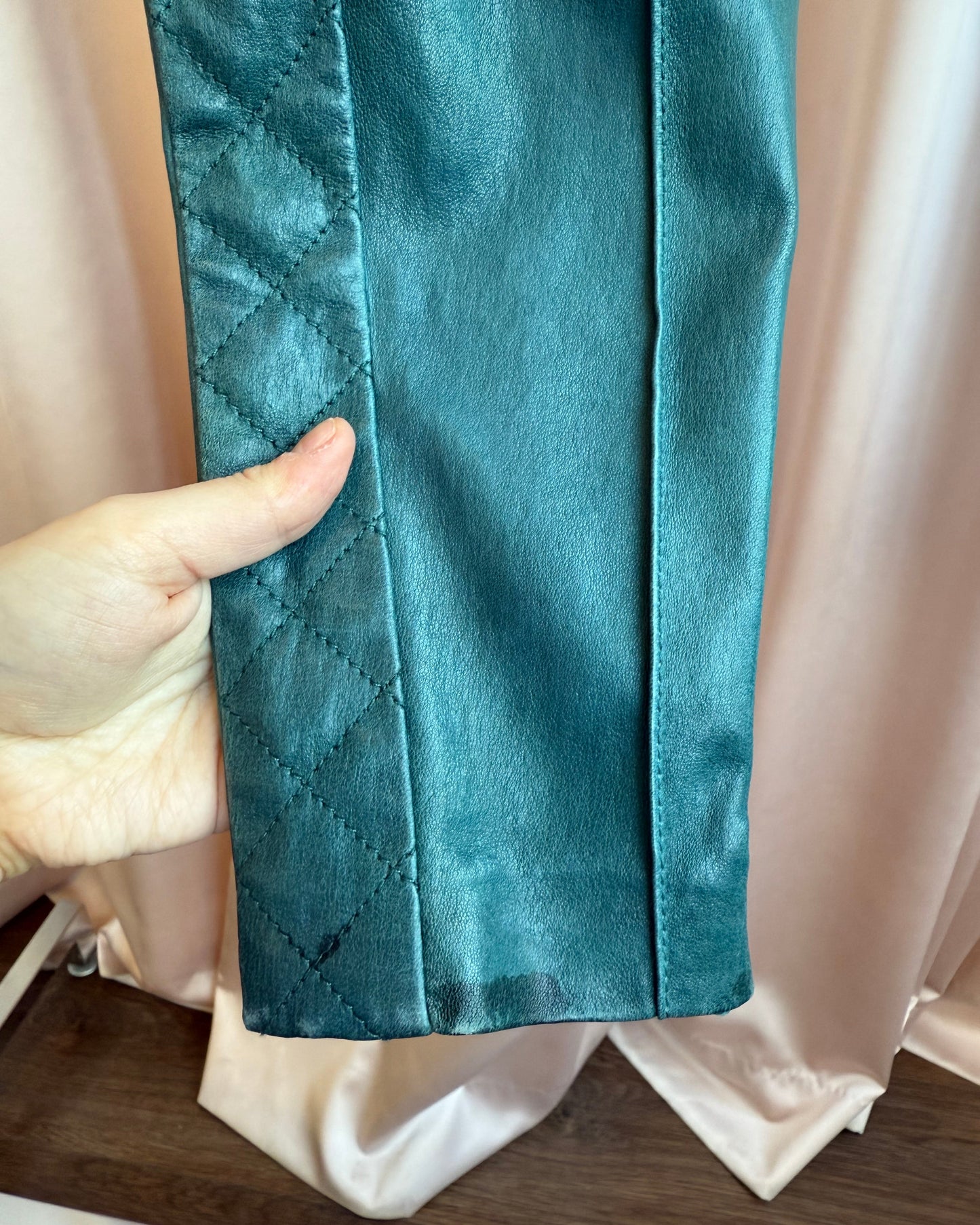Balmain Viridian Lambskin Leather Low Rise Slim Cut Moto Pants
