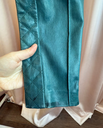 Balmain Viridian Lambskin Leather Low Rise Slim Cut Moto Pants