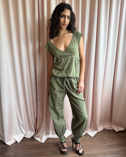 Italian Brand Army Green Cotton Surplice Jumpsuit