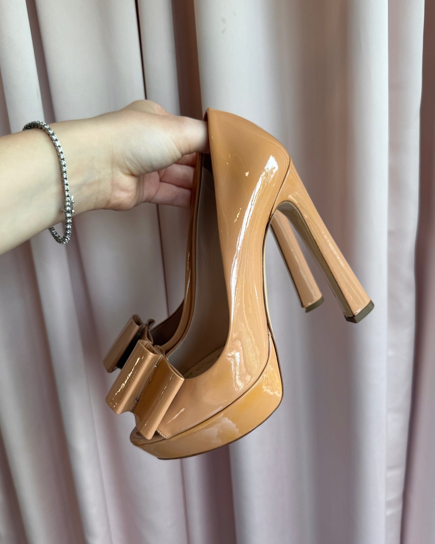 Miu Miu Patent Leather Bow Peep Toe Platform Pumps