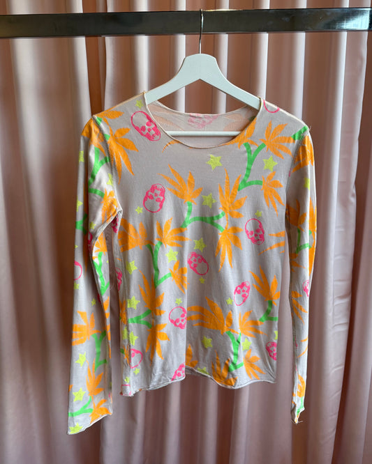French Designer Neon Hemp Leaf Skull All Over Print Long Sleeve Top