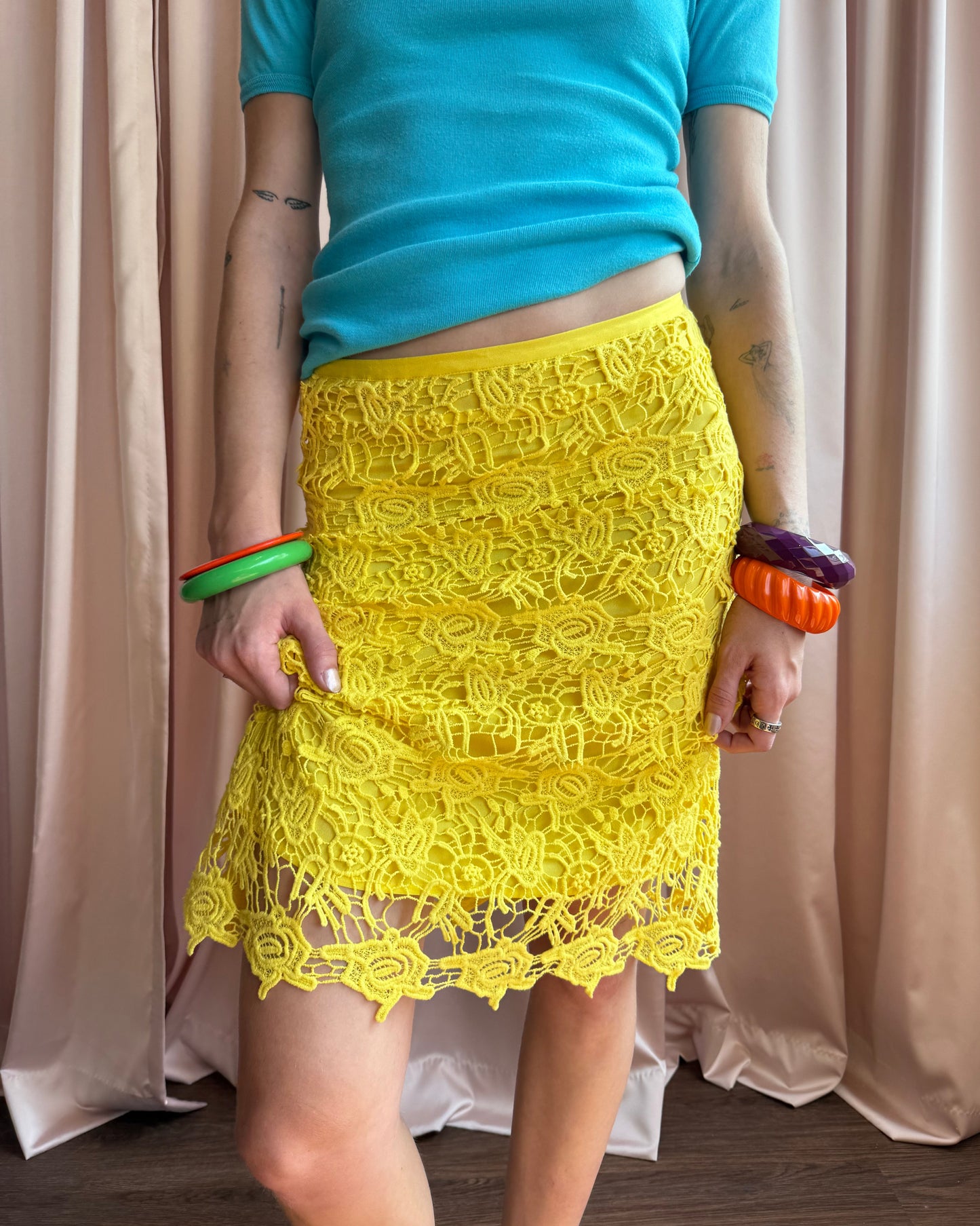 Italian Designer Yellow Lace Midi Skirt