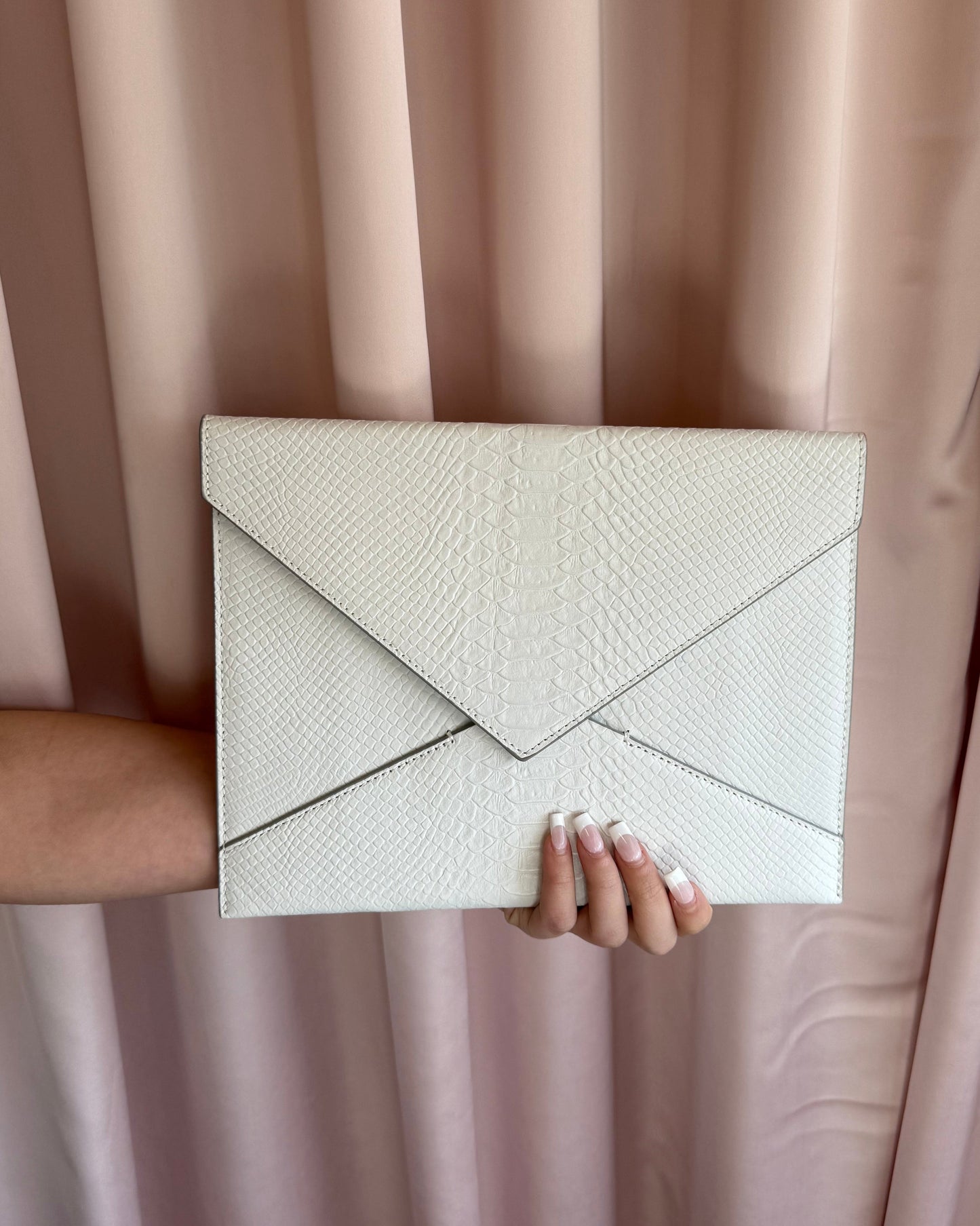 Embossed White Leather Envelope Clutch