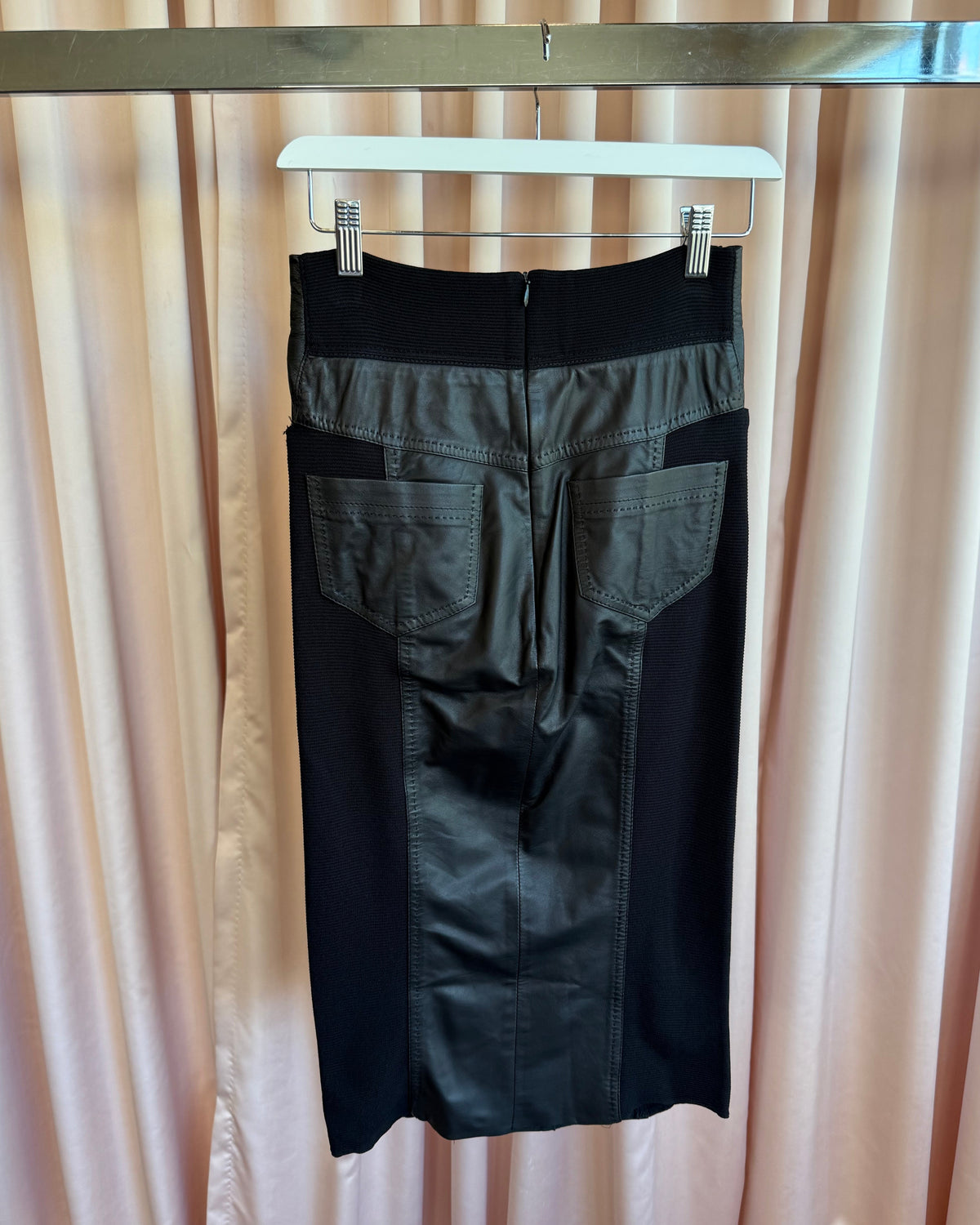 Italian Designer Black Leather Rib Knit Midi Skirt