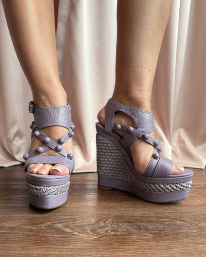 Balenciaga Lavender Leather Studded Wedge Sandals