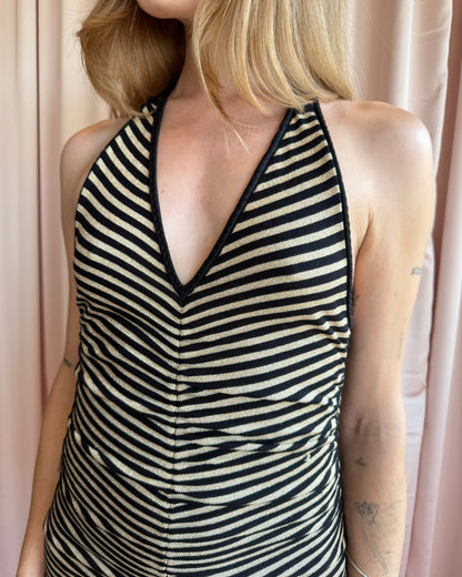 Gold & Black Striped Silk Blend Knit Ruched Halter Mini Dress