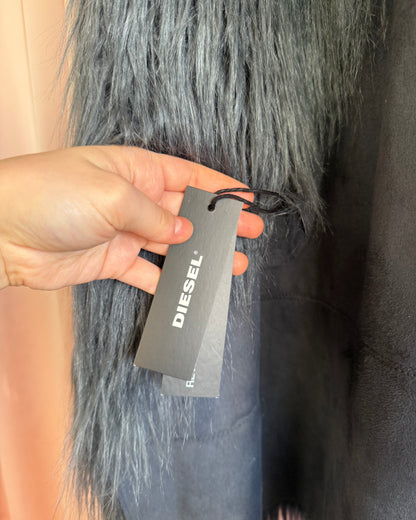 Diesel Reversible Dark Grey Shaggy Faux Fur Long Vest