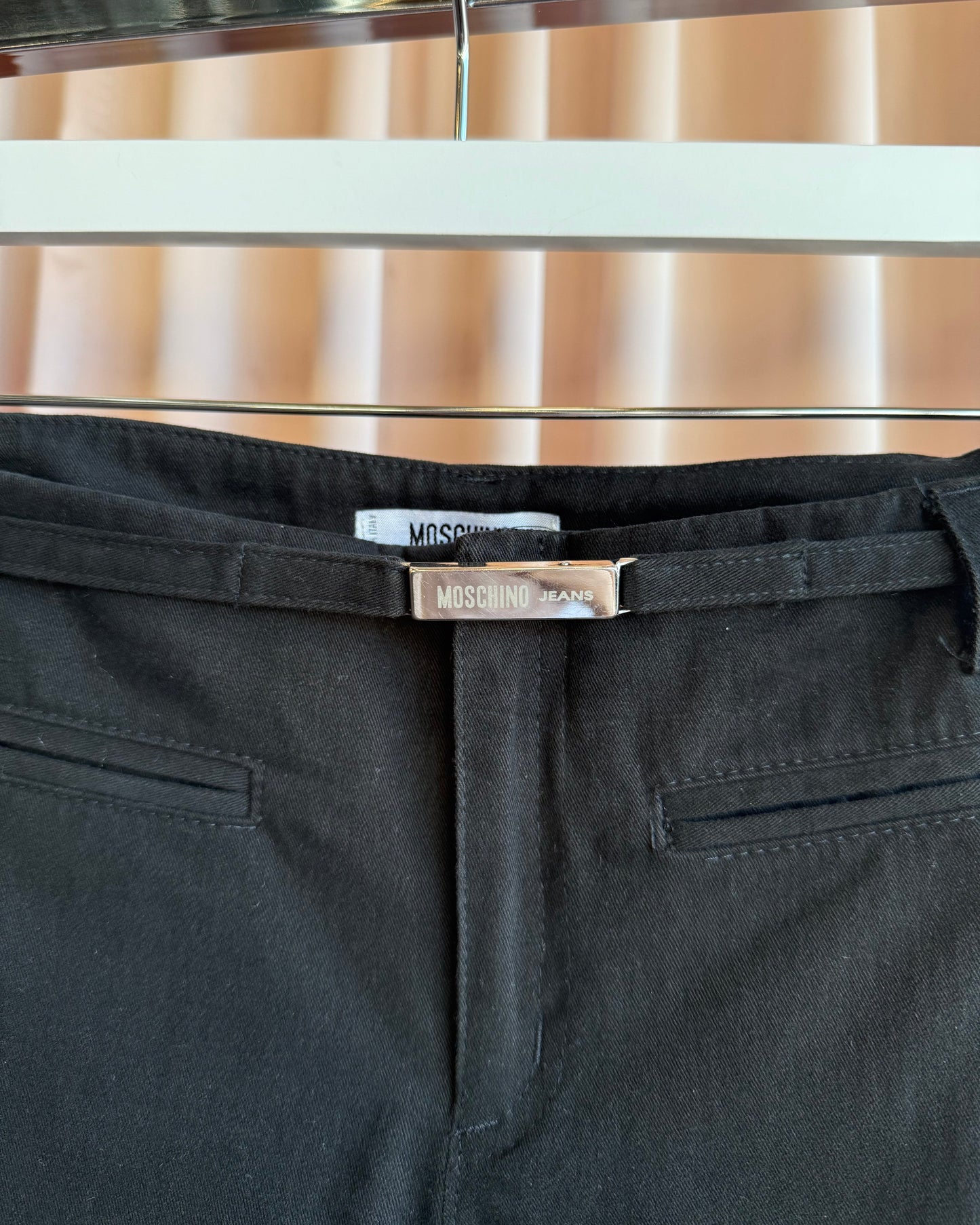 Moschino Jeans Embroidered Bull Belted Low Rise Flared Black Trousers