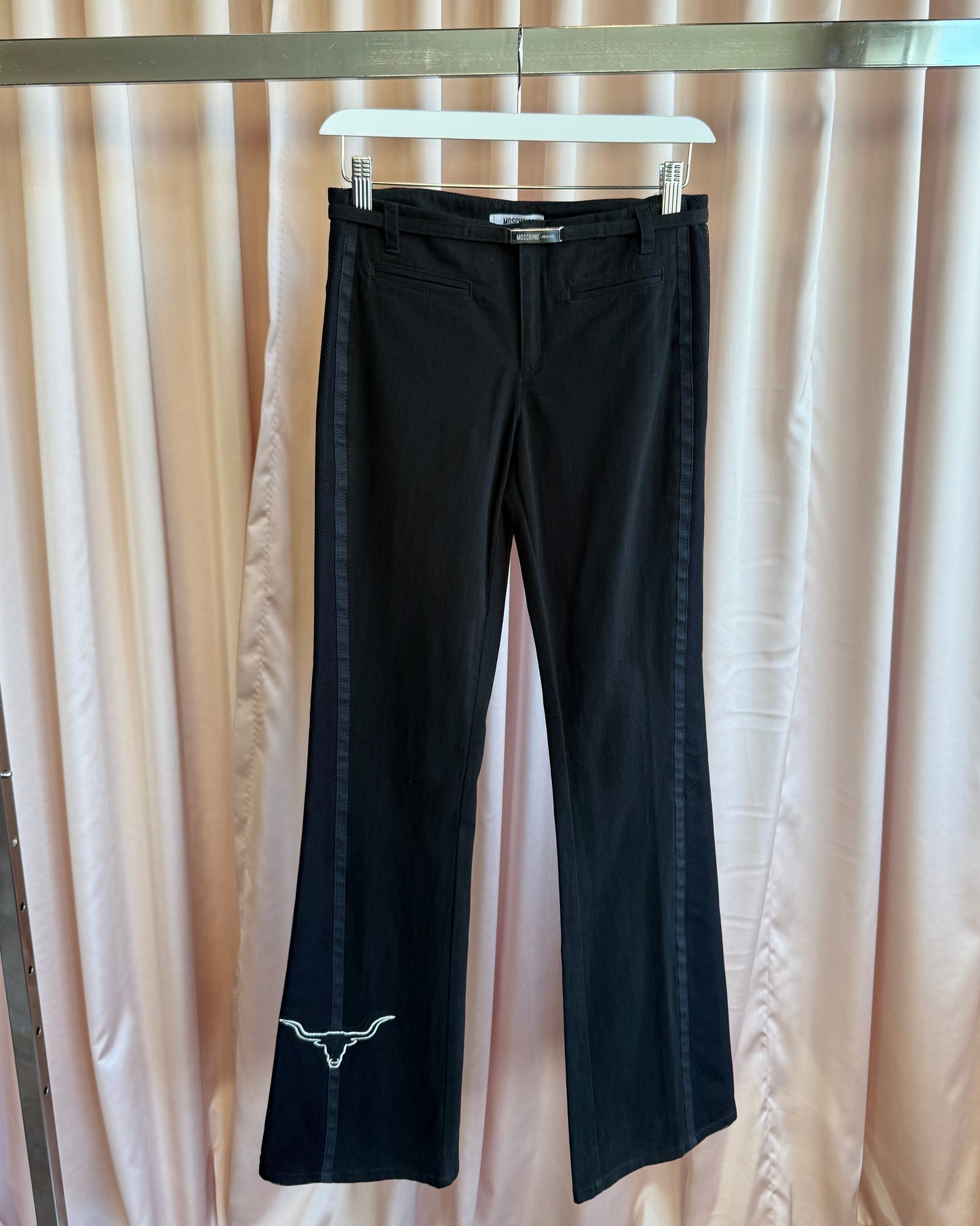 Moschino Jeans Embroidered Bull Belted Low Rise Flared Black Trousers