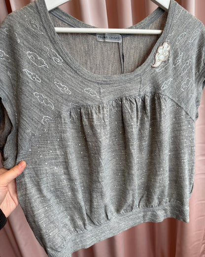 Tsumori Chisato Grey Cloud Print Polka Dot Wool Top