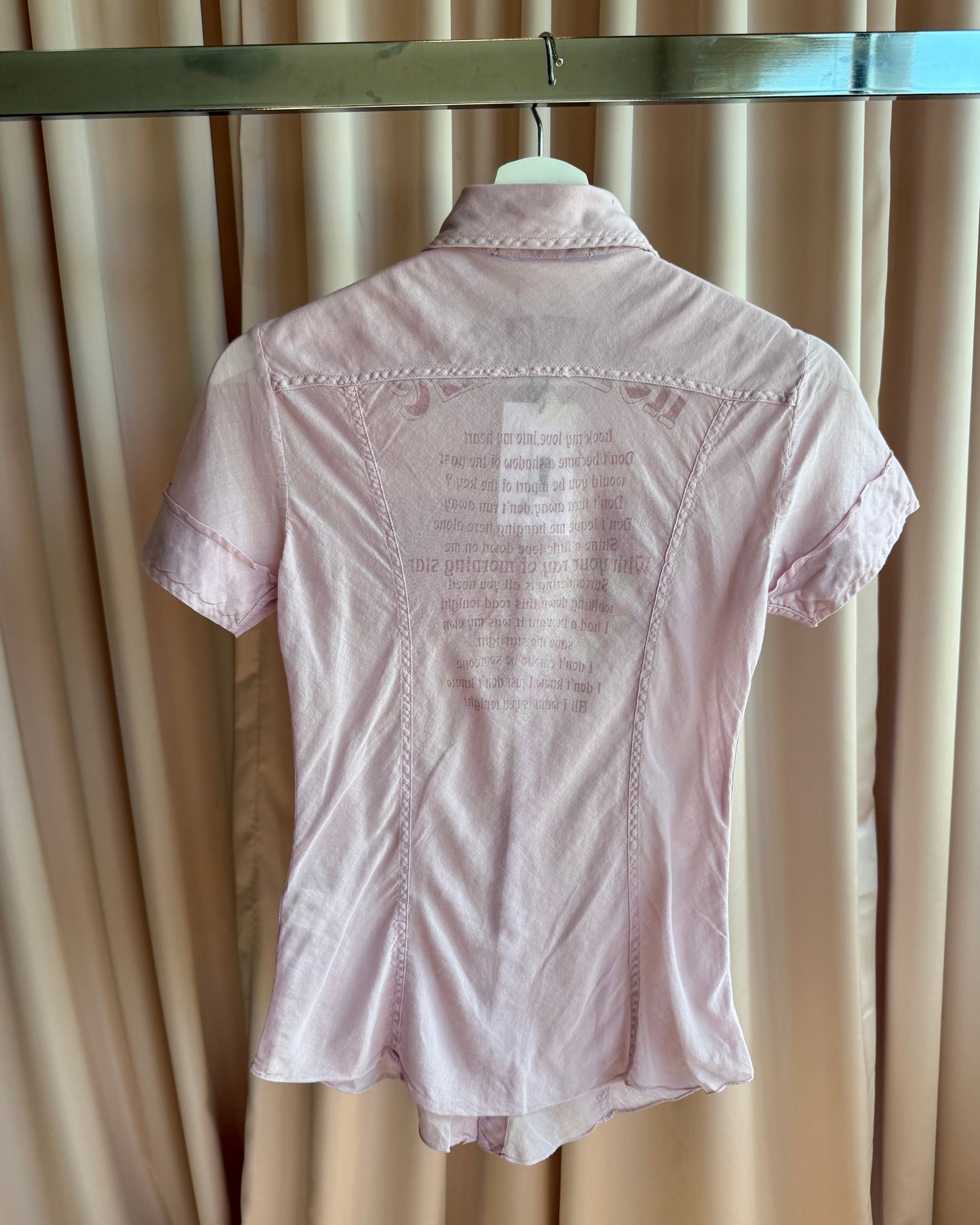 Italian Brand Pink Text Print Back Short Sleeve Button Up Shirt