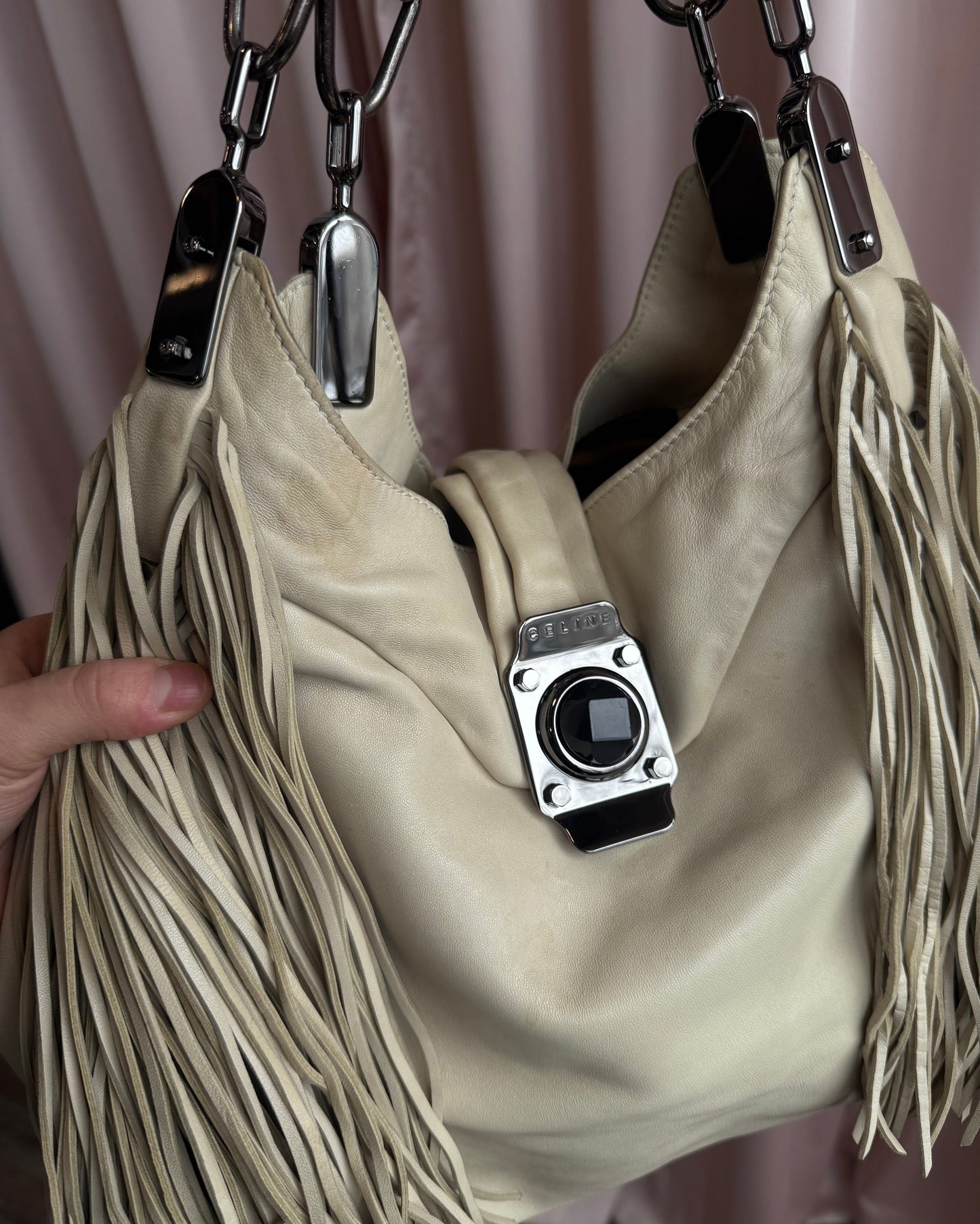 Céline Dimitri Cream Leather Fringe Hobo Handbag