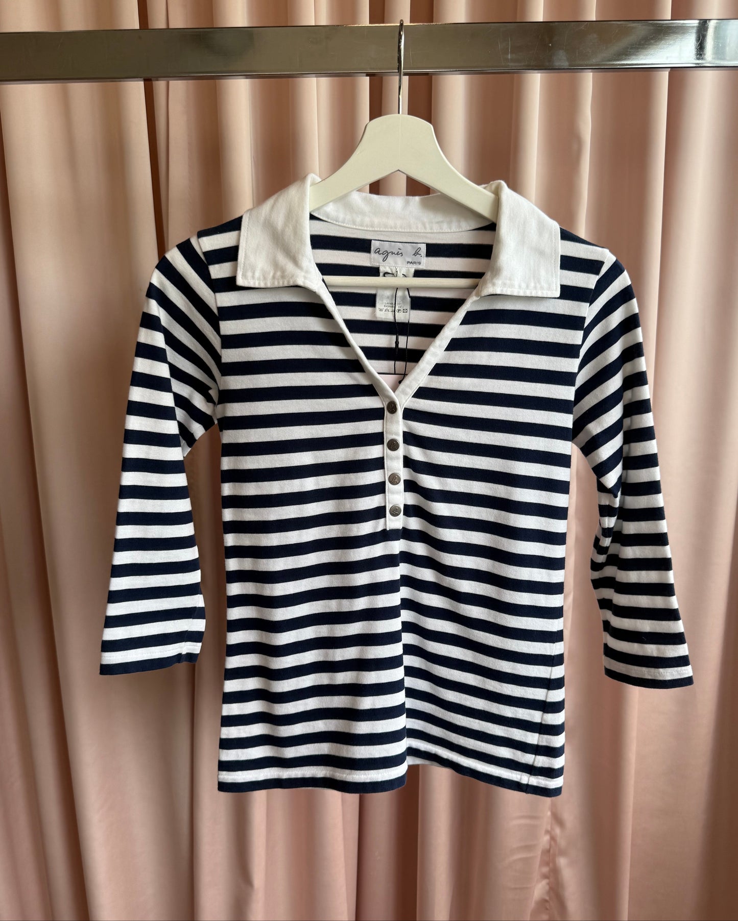 agnès b. Navy & White Striped 7/8 Sleeve Polo Shirt