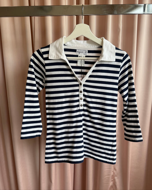 agnès b. Navy & White Striped 7/8 Sleeve Polo Shirt