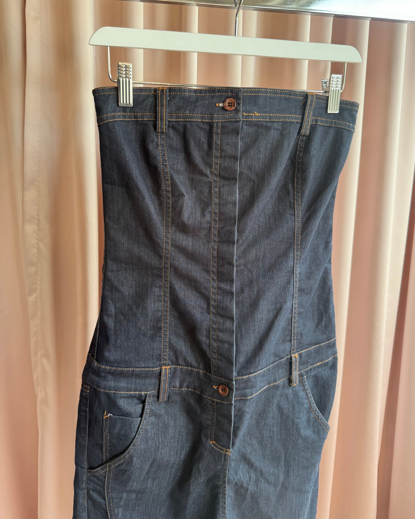 Italian Brand Strapless Sarouel Drop Crotch Denim Jumpsuit