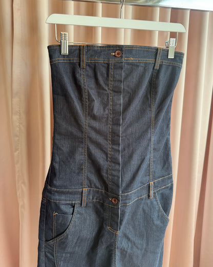 Italian Brand Strapless Sarouel Drop Crotch Denim Jumpsuit
