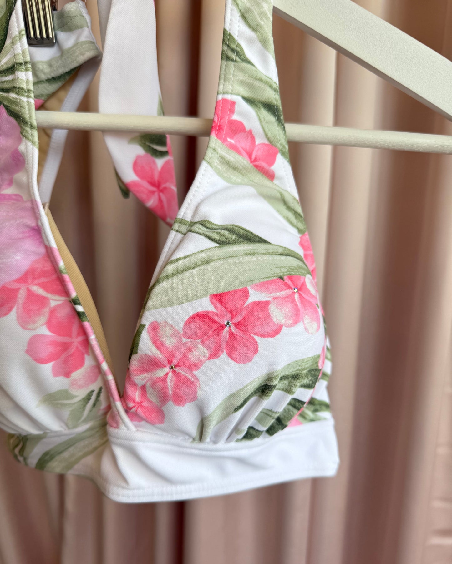 Japanese Brand Rhinestone White & Pink Floral Print High Cut Bikini