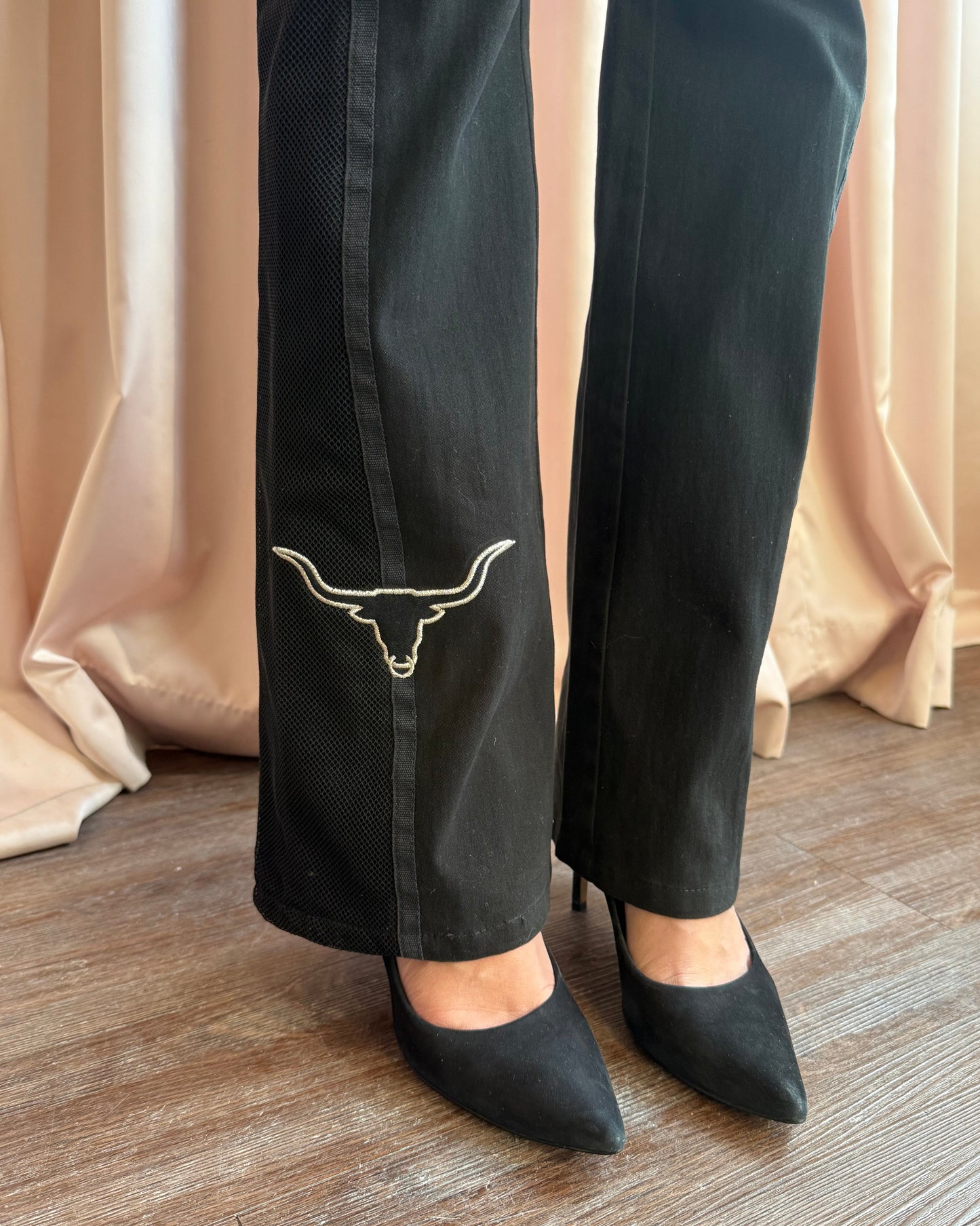 Moschino Jeans Embroidered Bull Belted Low Rise Flared Black Trousers