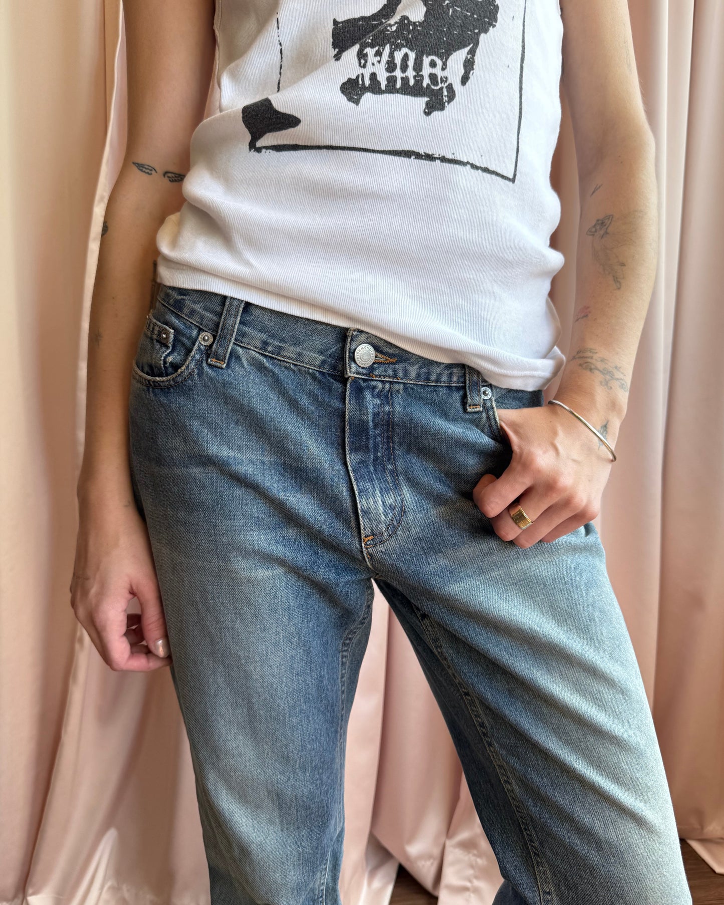 Richmond Denim “RICH” White Spell Out Flare Leg Jeans