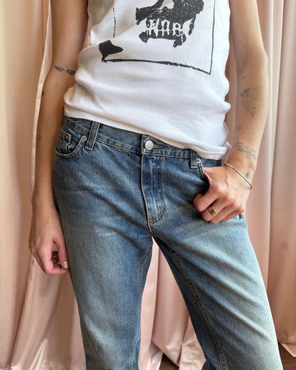 Richmond Denim “RICH” White Spell Out Flare Leg Jeans