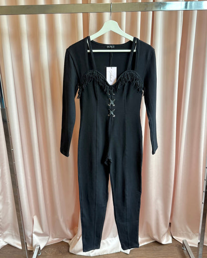 Parisian Brand 1990's Black Lace Up Fringe Neckline Long Sleeve Jumpsuit