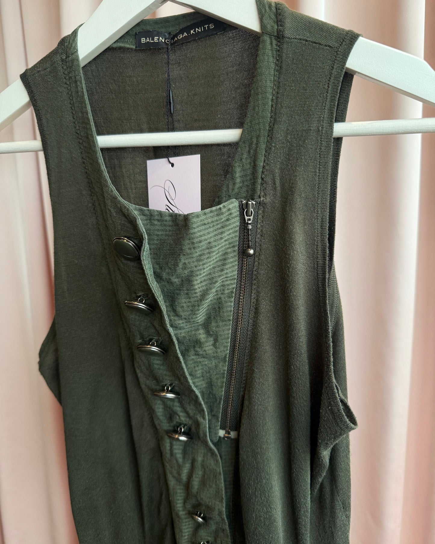 Balenciaga by Ghesquière 2007 Olive Green Silk Knit Buttoned Tank Top
