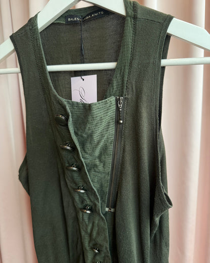 Balenciaga by Ghesquière 2007 Olive Green Silk Knit Buttoned Tank Top