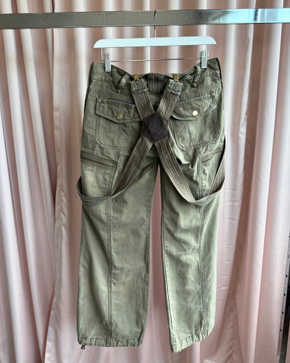 Japanese Brand Khaki Suspender Low Rise Wide Leg Cargo Pants