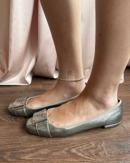 Prada Logo Buckle Silver Metallic Leather Flats