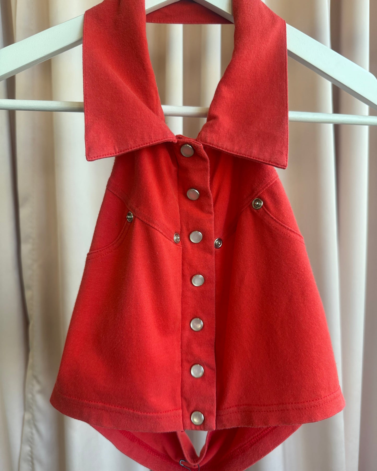 1990's Coral Red Cropped Collared Button Up Halter Top