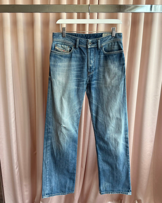 Diesel "Kurren" Faded Distressed Light Wash Straight Leg Denim
